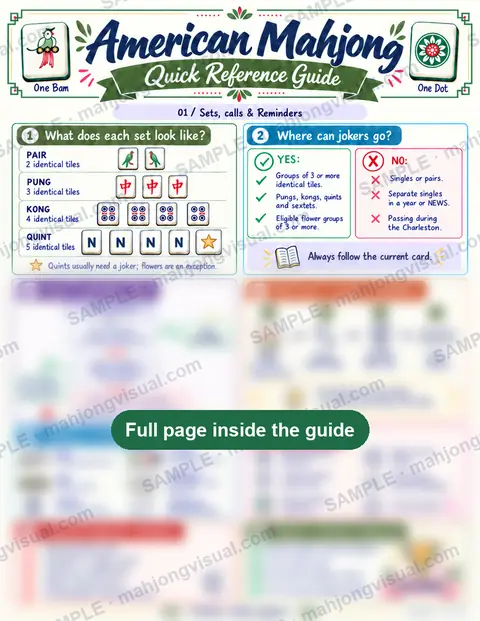 American Mahjong cheat sheet preview, page 1: sets, calls and reminders