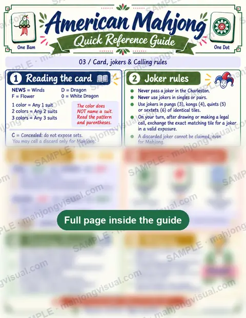 American Mahjong cheat sheet preview, page 3: card, jokers and calling rules
